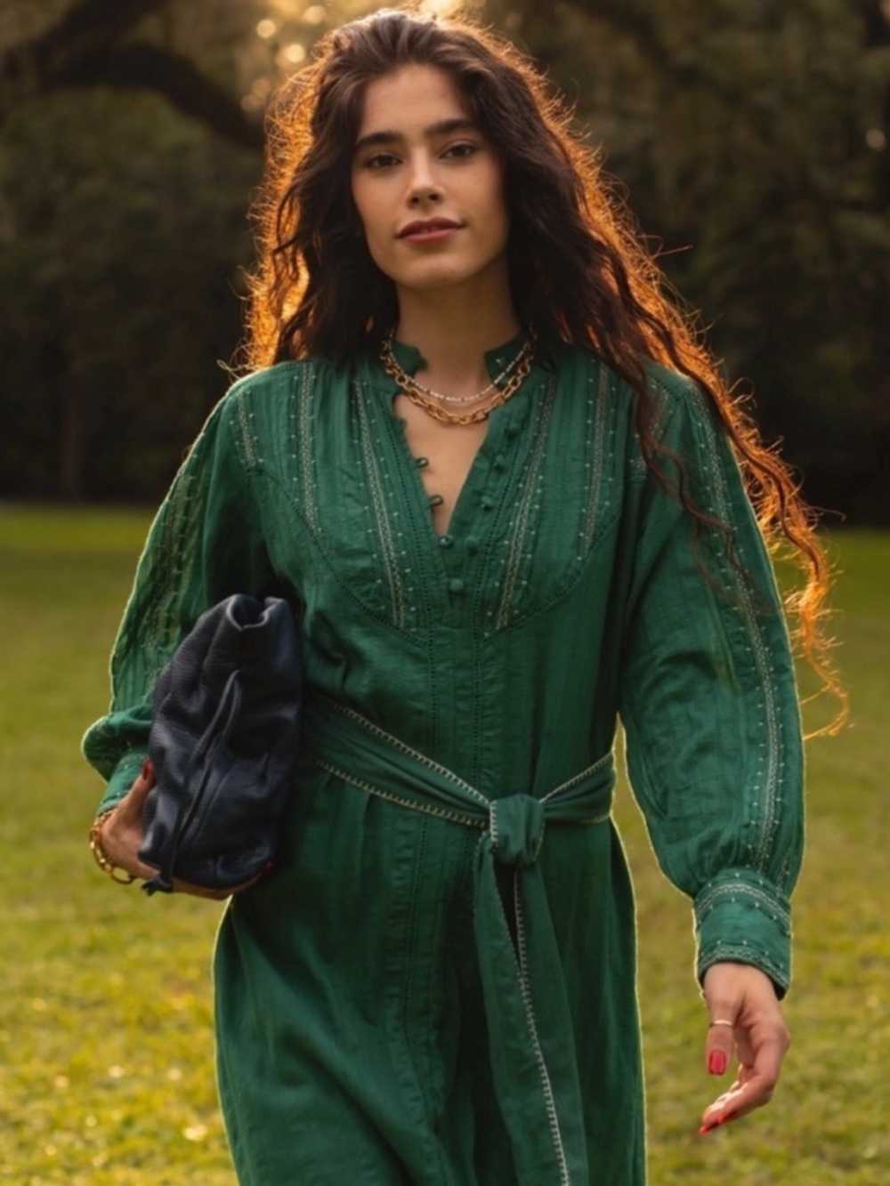 EX VOTO Sutton Cotton Embroidered Emerald Green Belted Maxi Dress NWT $289 - Picture 4 of 8